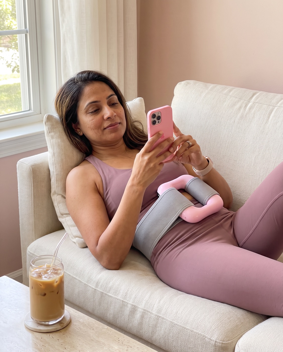 Woman relaxing on the sofa wearing Loop Relief on her belly